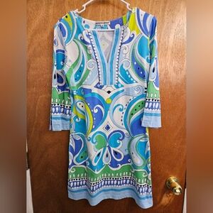 Barbara Gerwit Women's Blue White Paisley Split Sleeve Tunic Dress Size M
